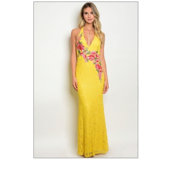 Dresses & Skirts - Yellow Full Lace Floor Length Dress Floral Detail